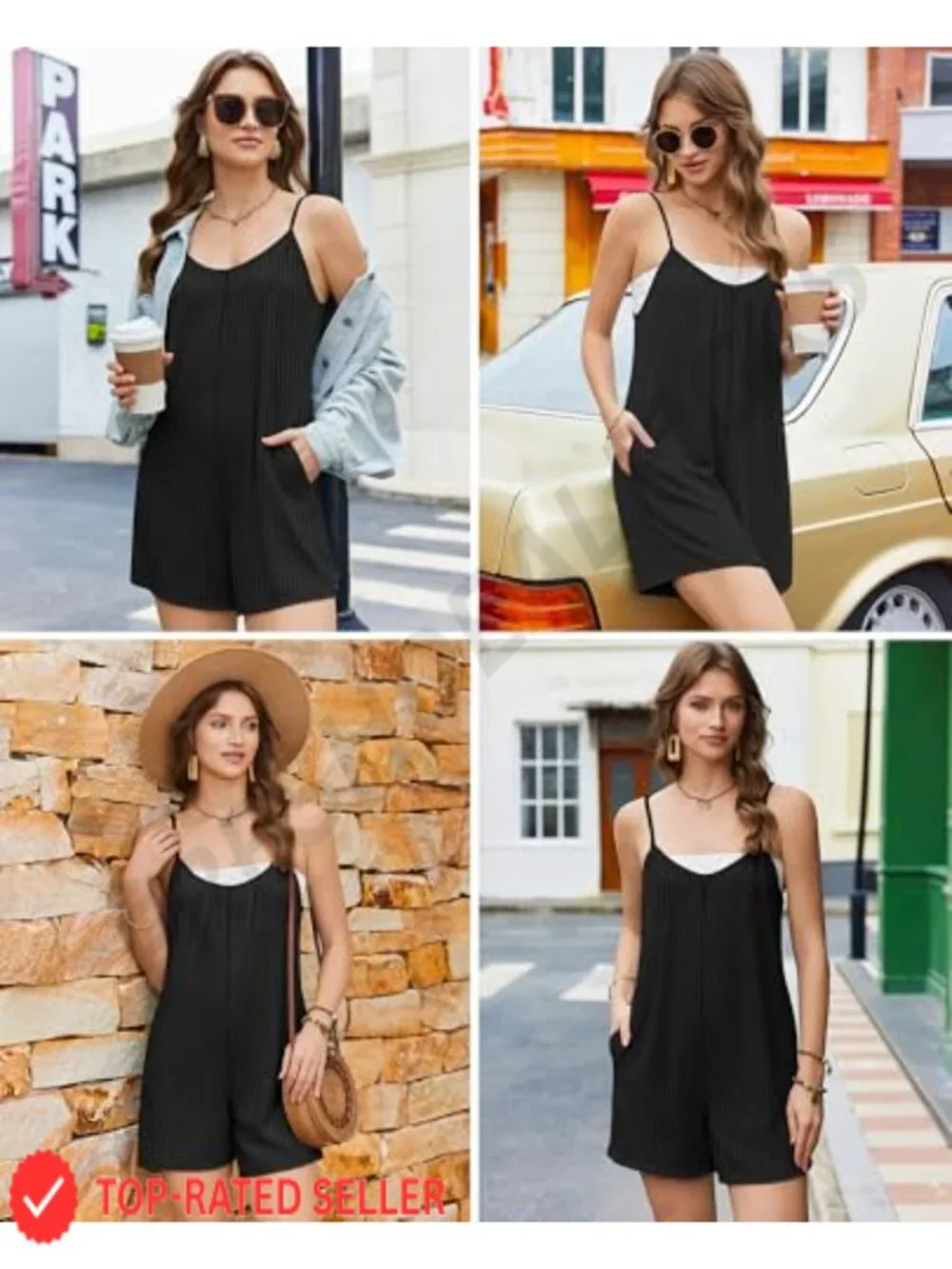 Women's Sleeveless Ribbed Romper Jumpsuit with Pockets Adjustable Strap Summer